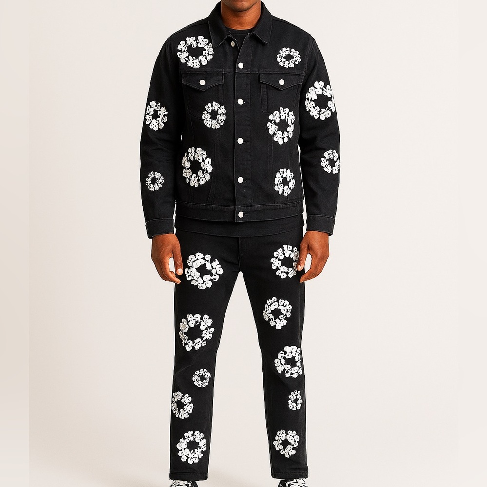 Black Denim Jacket & Jeans Set with Floral Design